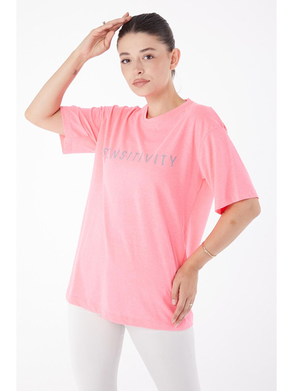 TOFİSA Pembe Düz Bisiklet Yaka Kadın Pembe Kısa Kollu Baskılı T-shirt - 25984