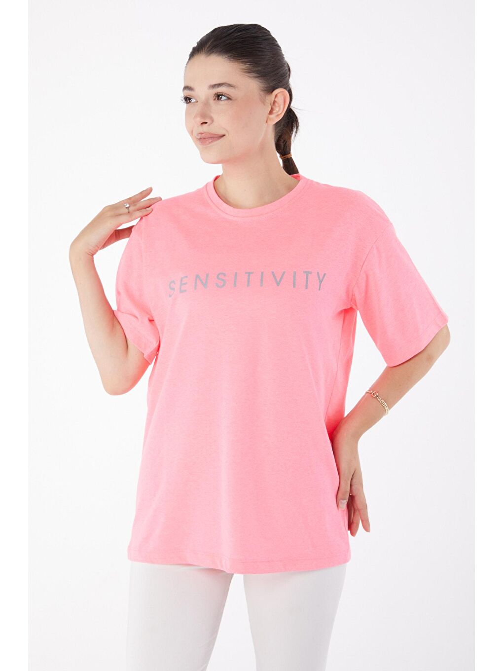 TOFİSA Pembe Düz Bisiklet Yaka Kadın Pembe Kısa Kollu Baskılı T-shirt - 25984 - 1