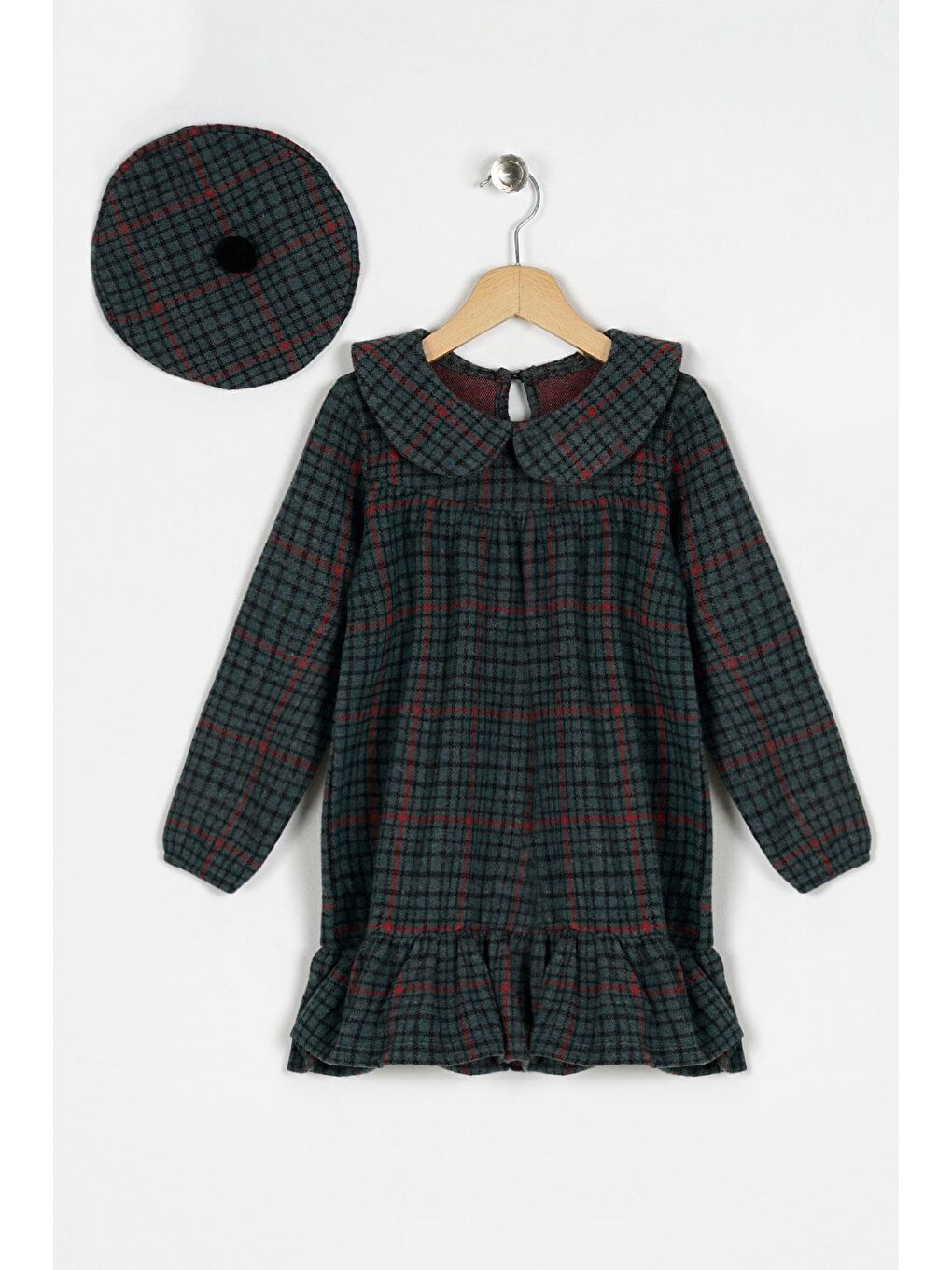 Yeşil Uzun Kol Eteği Fırfırlı Katlı Düğmeli Kız Çocuk Elbise