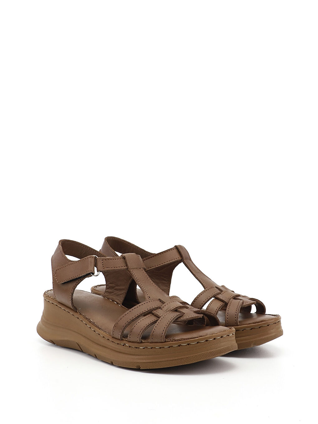 Kahverengi Kadın KAHVERENGİ Cırt Bantlı Dolgu Topuk Hakiki Deri Sandalet-3