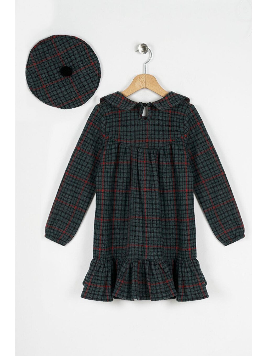 Yeşil Uzun Kol Eteği Fırfırlı Katlı Düğmeli Kız Çocuk Elbise-1