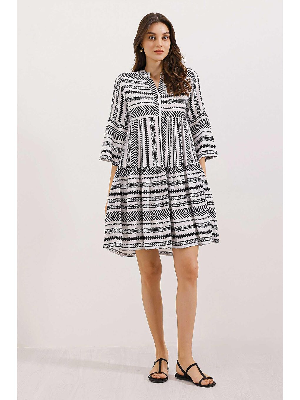 1975 ETNİK DESEN ELBİSE - Siyah-1