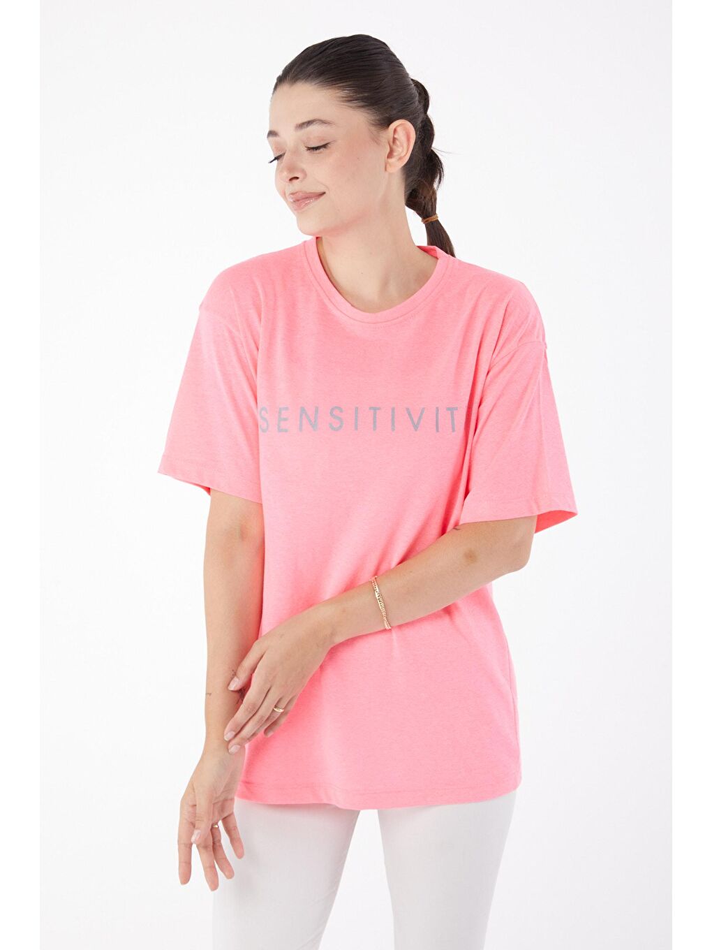 TOFİSA Pembe Düz Bisiklet Yaka Kadın Pembe Kısa Kollu Baskılı T-shirt - 25984 - 2