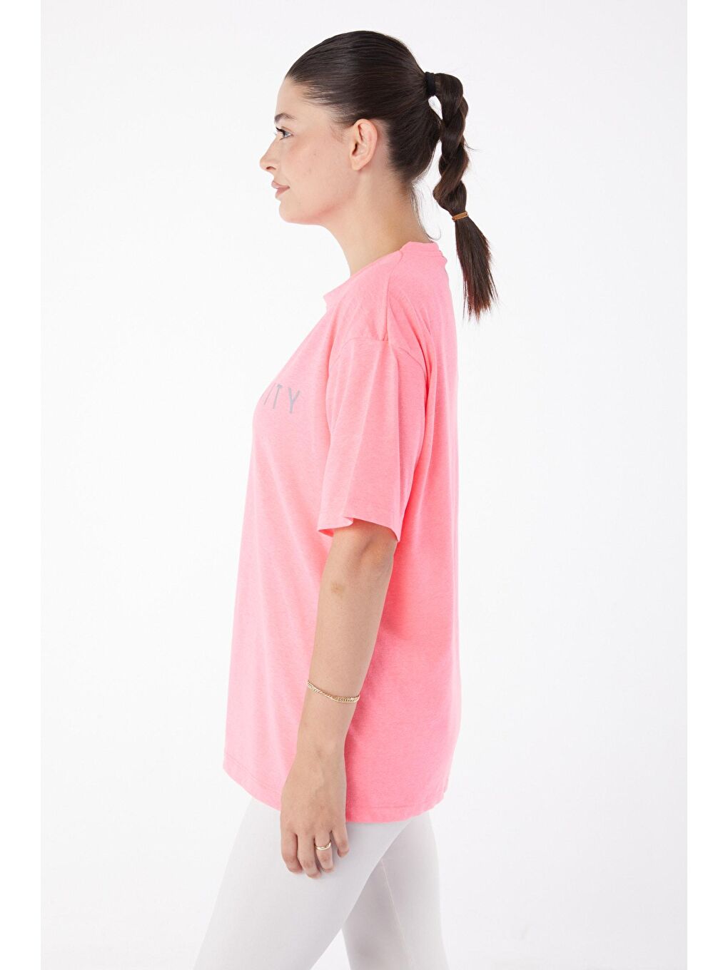 TOFİSA Pembe Düz Bisiklet Yaka Kadın Pembe Kısa Kollu Baskılı T-shirt - 25984 - 3