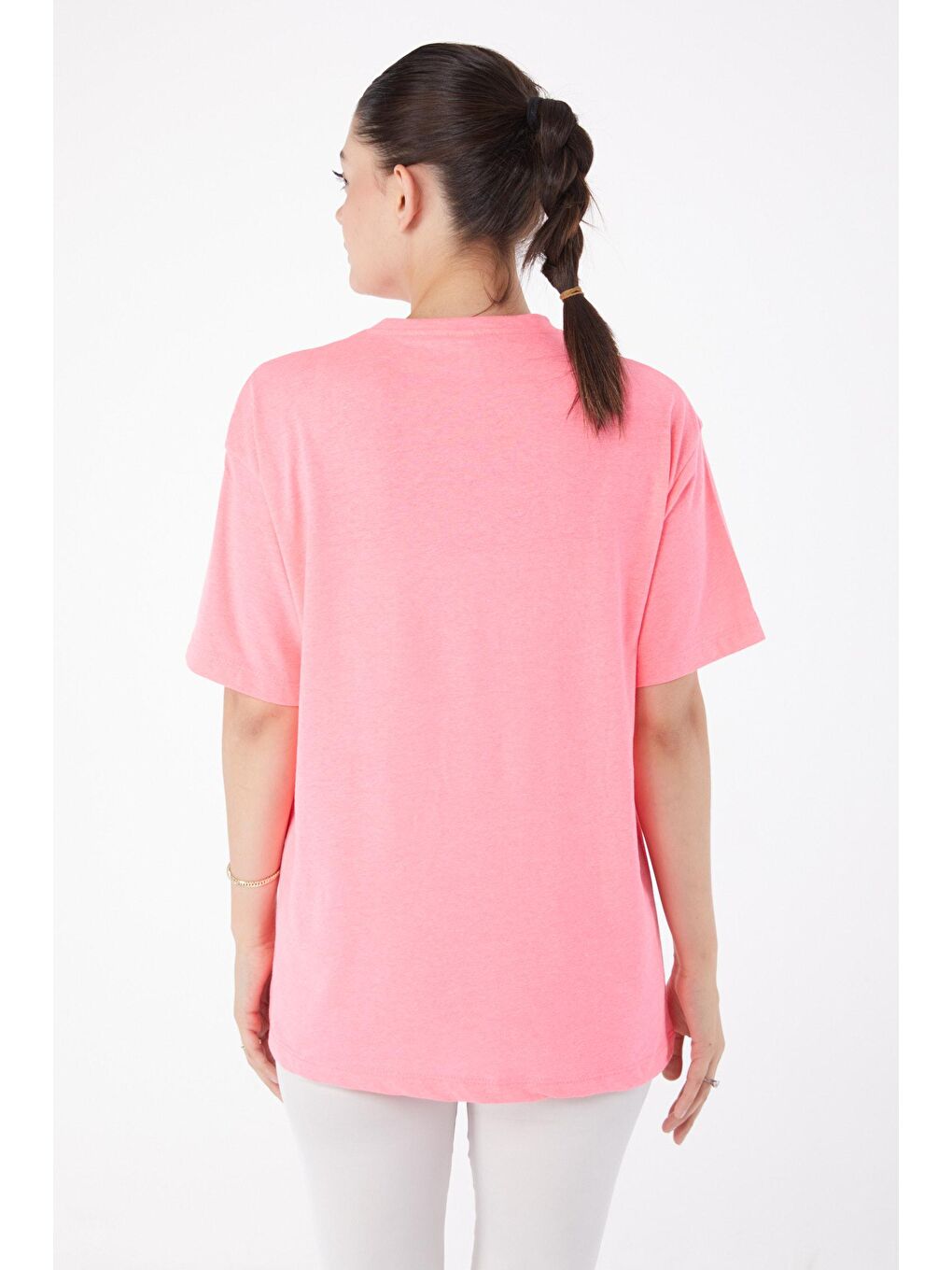 TOFİSA Pembe Düz Bisiklet Yaka Kadın Pembe Kısa Kollu Baskılı T-shirt - 25984 - 4