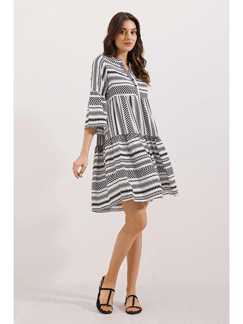 1975 ETNİK DESEN ELBİSE - Siyah-2