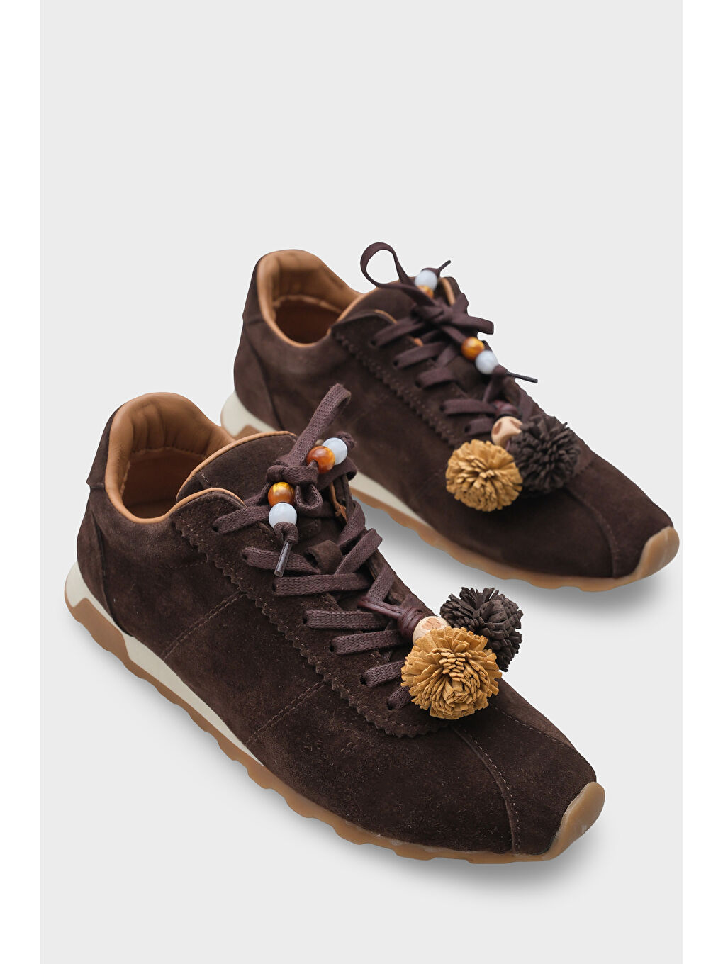 Kahverengi Doralyn Hakiki Deri Süet Ponponlu Kadın Sneaker Spor Ayakkabı-1