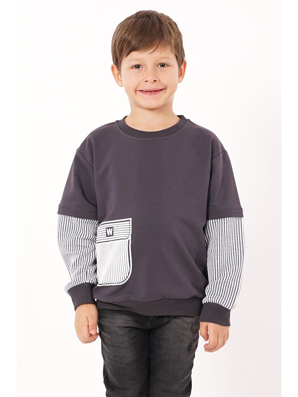 Gri Cebi Kolları Çizgili Füme Renk Erkek Cocuk Sweat