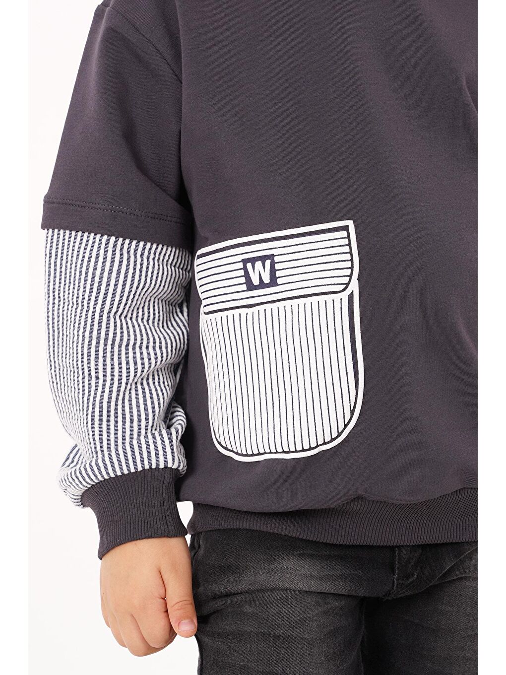 Gri Cebi Kolları Çizgili Füme Renk Erkek Cocuk Sweat-1