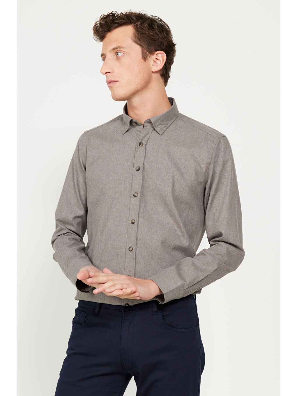 Erkek Kahverengi Slim Fit Dar Kesim Düğmeli Yaka Flanel Oduncu Kışlık Gömlek