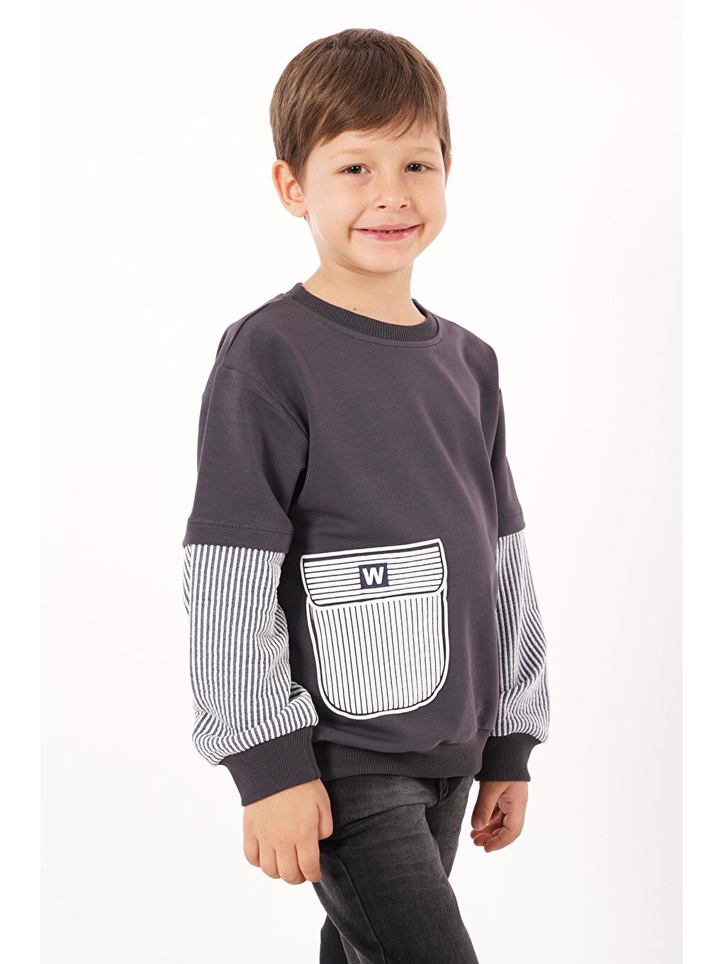 Gri Cebi Kolları Çizgili Füme Renk Erkek Cocuk Sweat-2