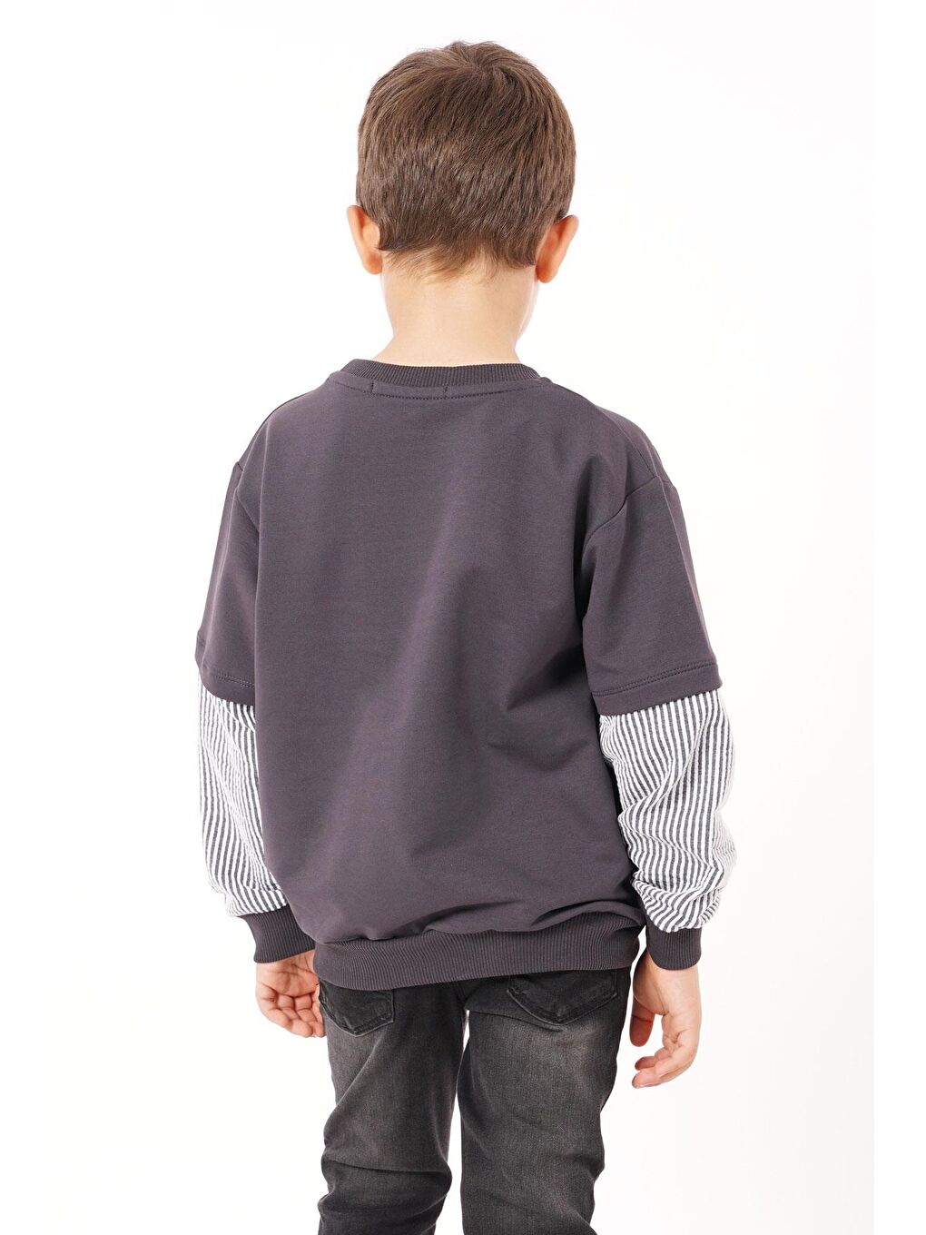 Gri Cebi Kolları Çizgili Füme Renk Erkek Cocuk Sweat-3