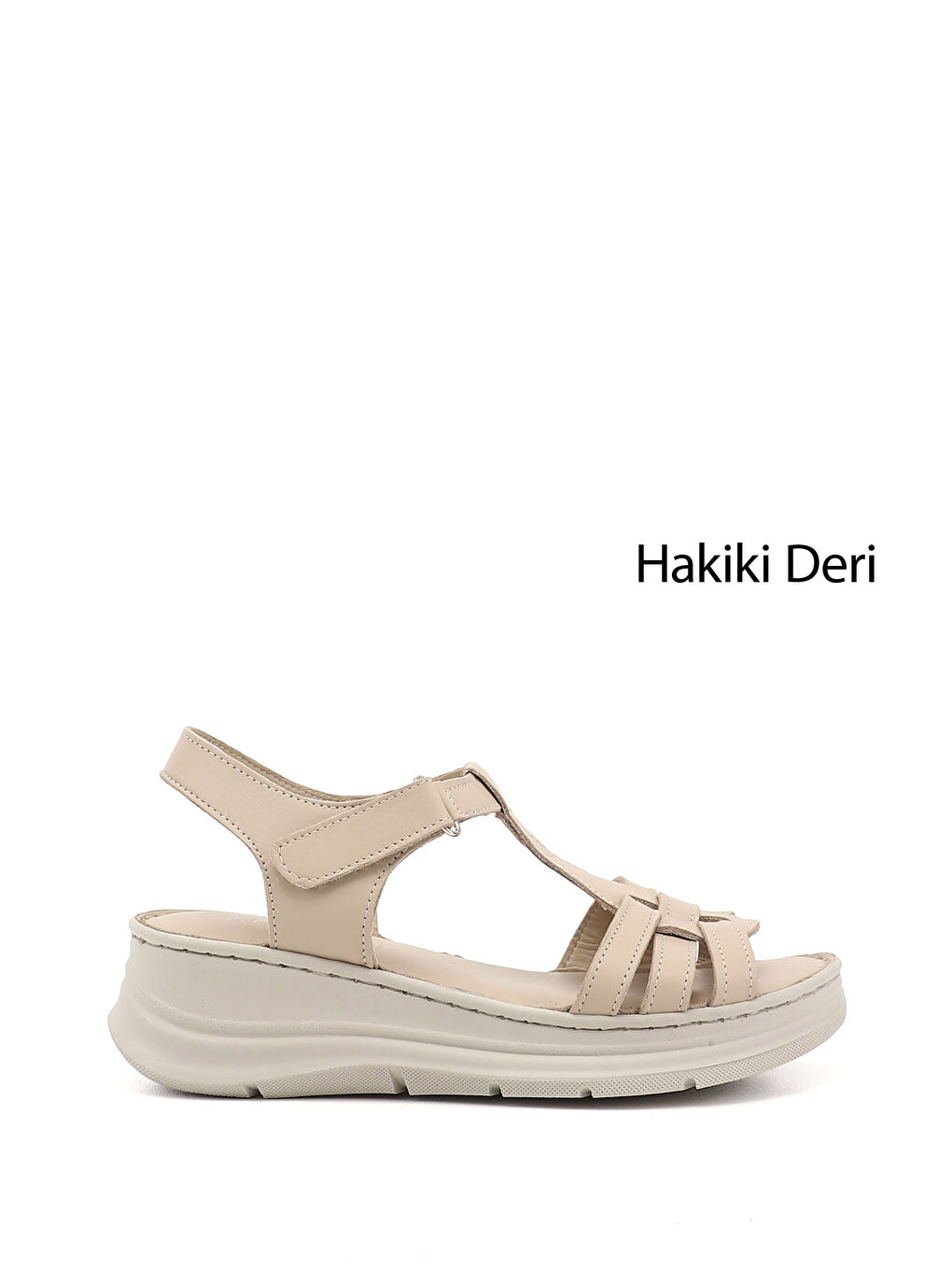 Bej Kadın YENİ BEJ Cırt Bantlı Dolgu Topuk Hakiki Deri Sandalet