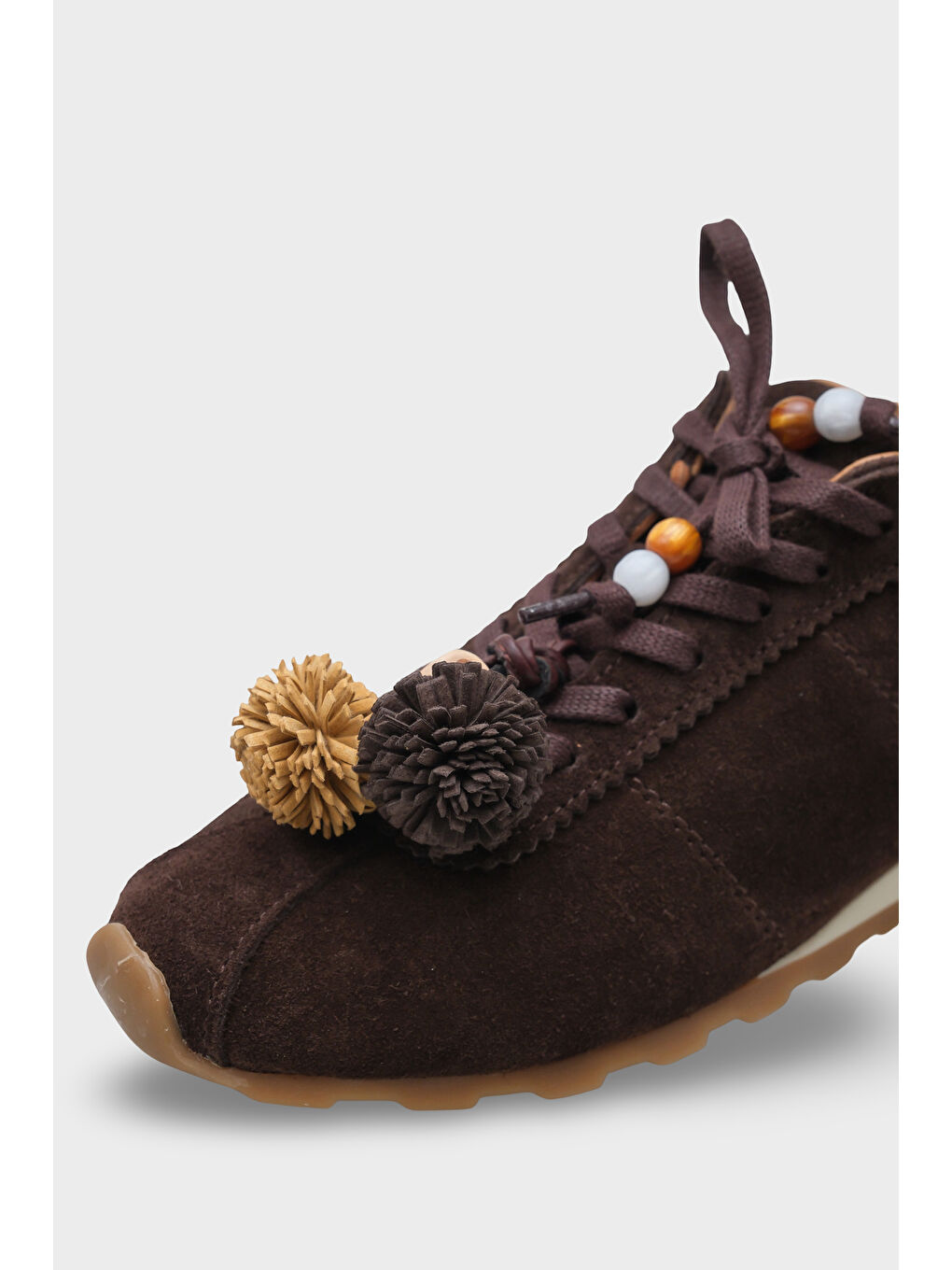 Kahverengi Doralyn Hakiki Deri Süet Ponponlu Kadın Sneaker Spor Ayakkabı-2