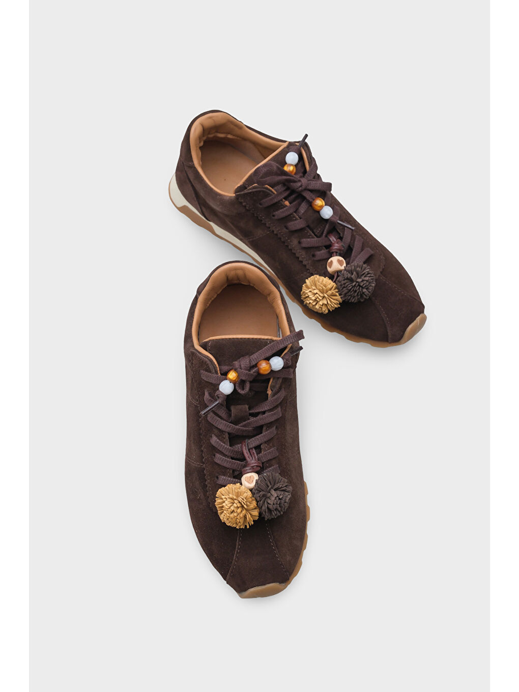 Kahverengi Doralyn Hakiki Deri Süet Ponponlu Kadın Sneaker Spor Ayakkabı-3