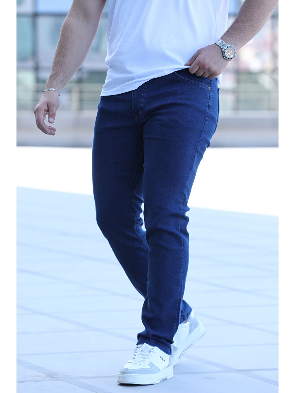 Lacivert Kendinden Çizgi Desenli Erkek Elastanlı Jean  Pantolon