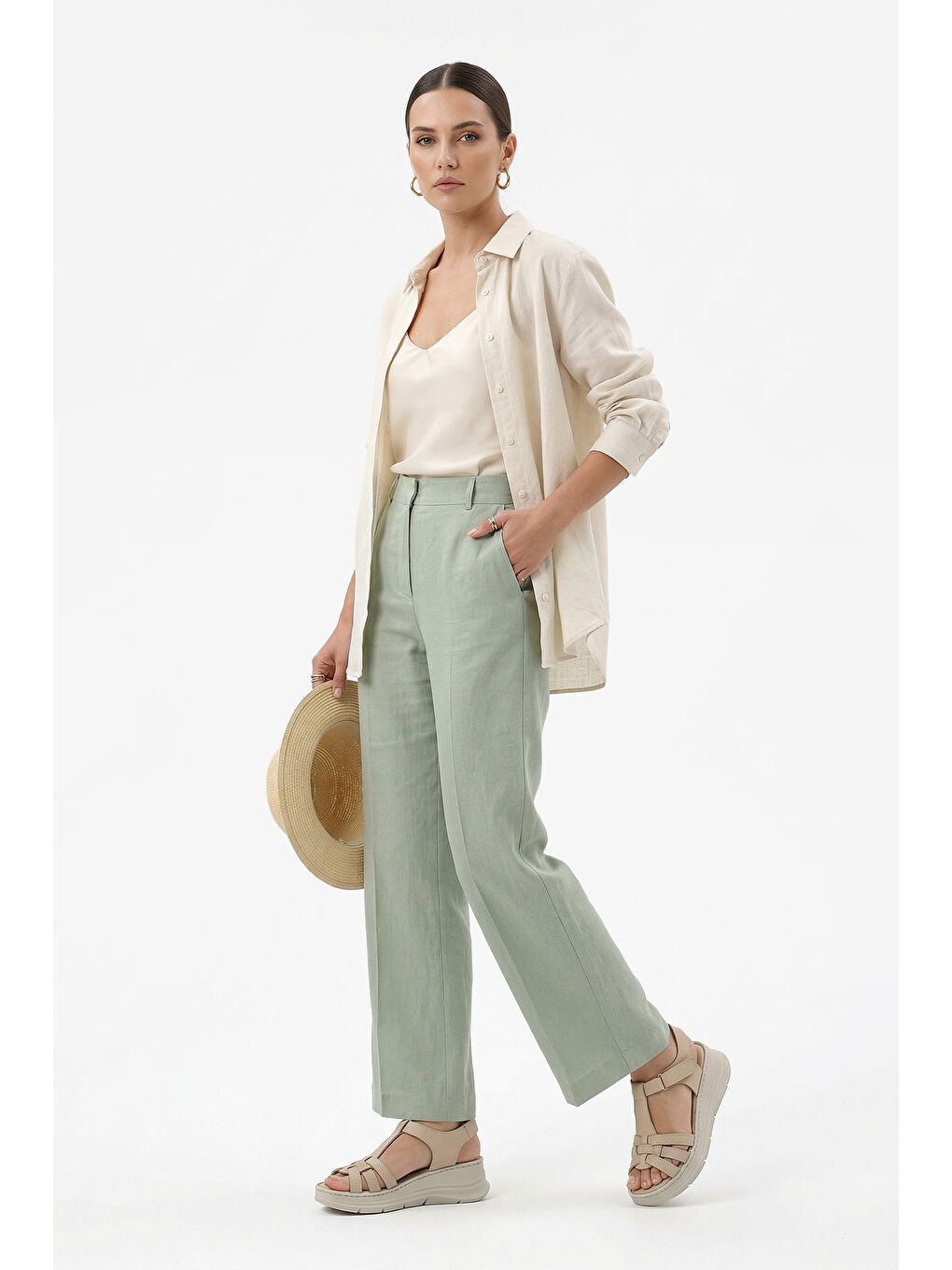 Bej Kadın YENİ BEJ Cırt Bantlı Dolgu Topuk Hakiki Deri Sandalet-2