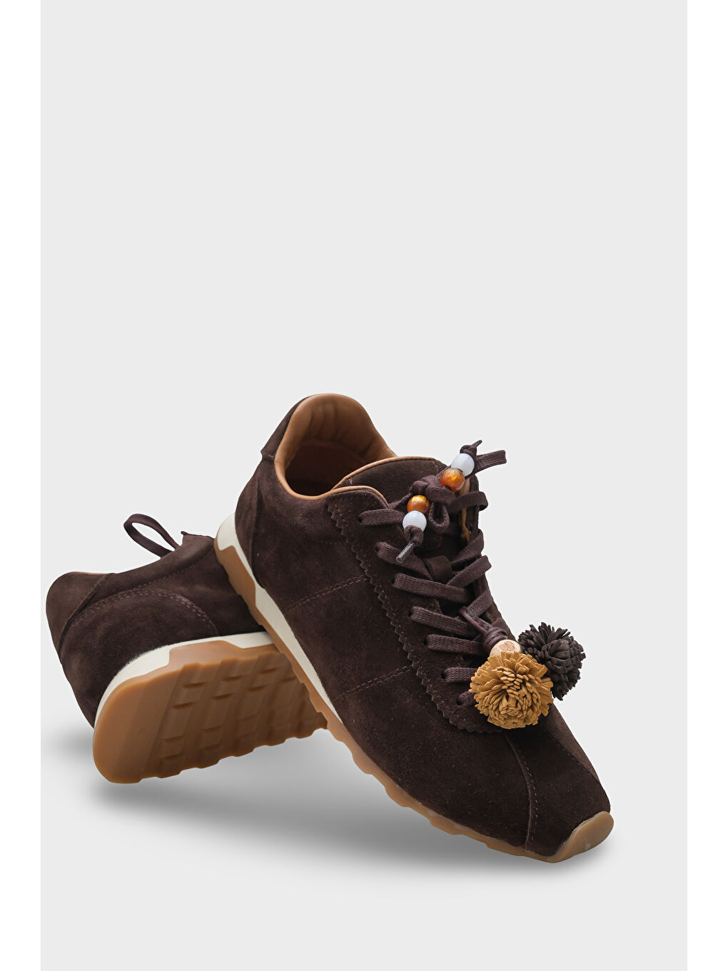 Kahverengi Doralyn Hakiki Deri Süet Ponponlu Kadın Sneaker Spor Ayakkabı-4