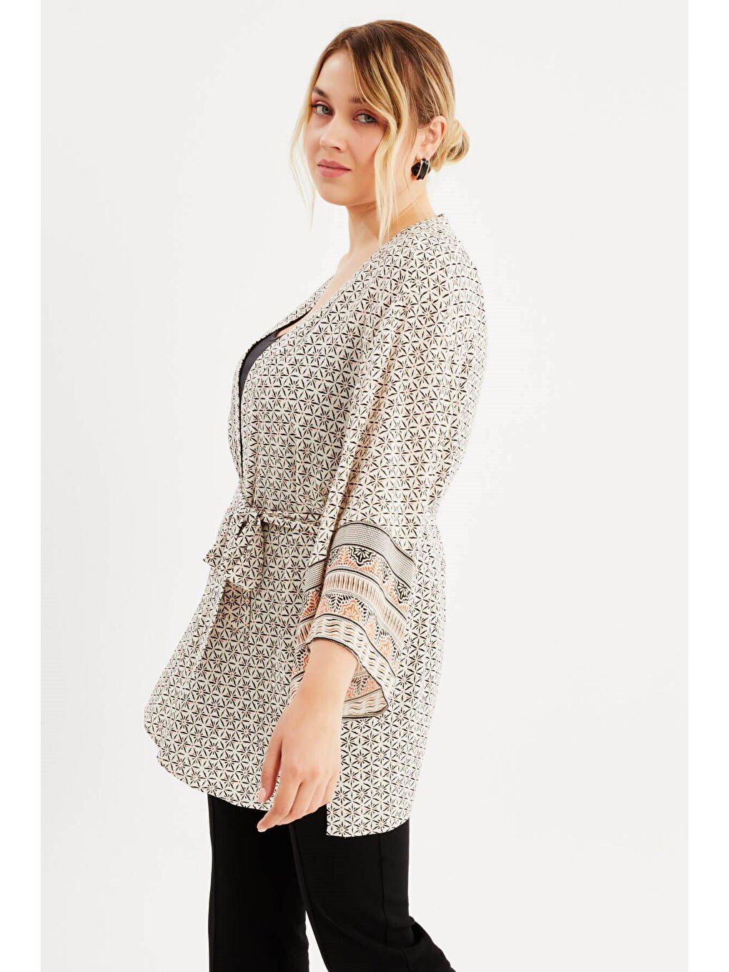 Mylinemoda Ekru Desenli Kemer Detaylı Kimono - 1