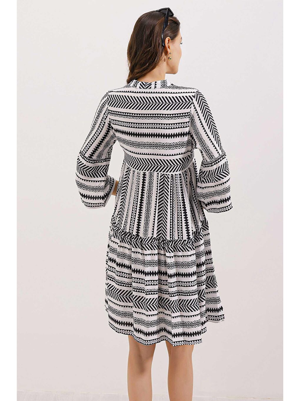 1975 ETNİK DESEN ELBİSE - Siyah-4