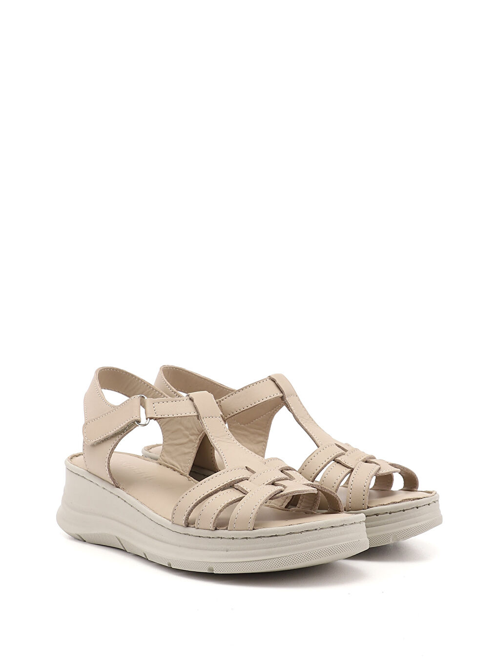 Bej Kadın YENİ BEJ Cırt Bantlı Dolgu Topuk Hakiki Deri Sandalet-3