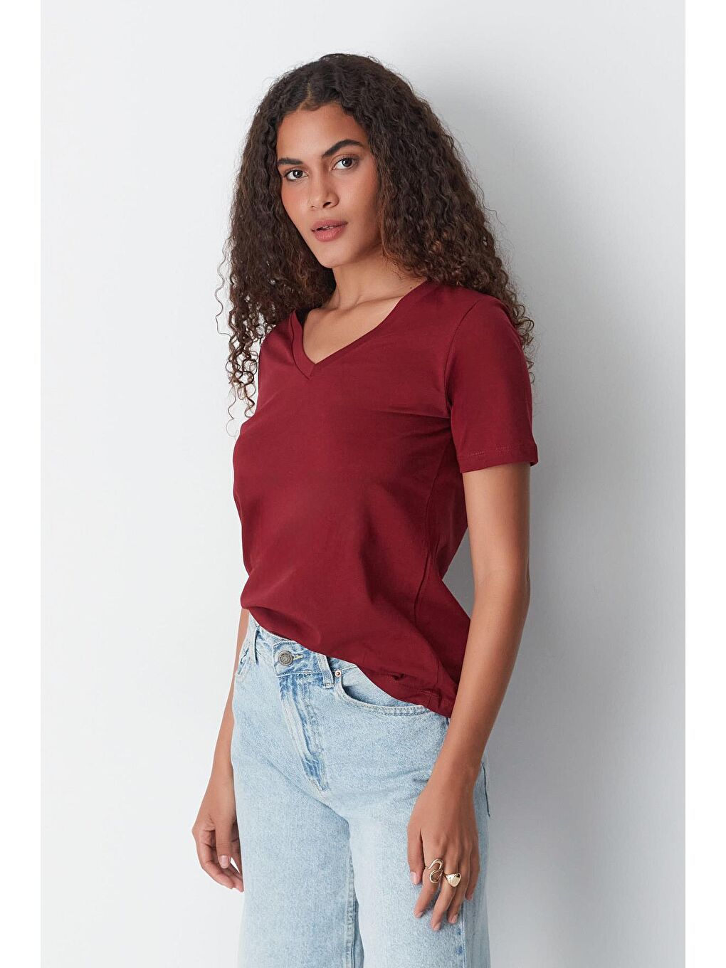 Gri V Yaka Kısa Kol 2'li Basic T-Shirt 962 Füme/Bordo-1