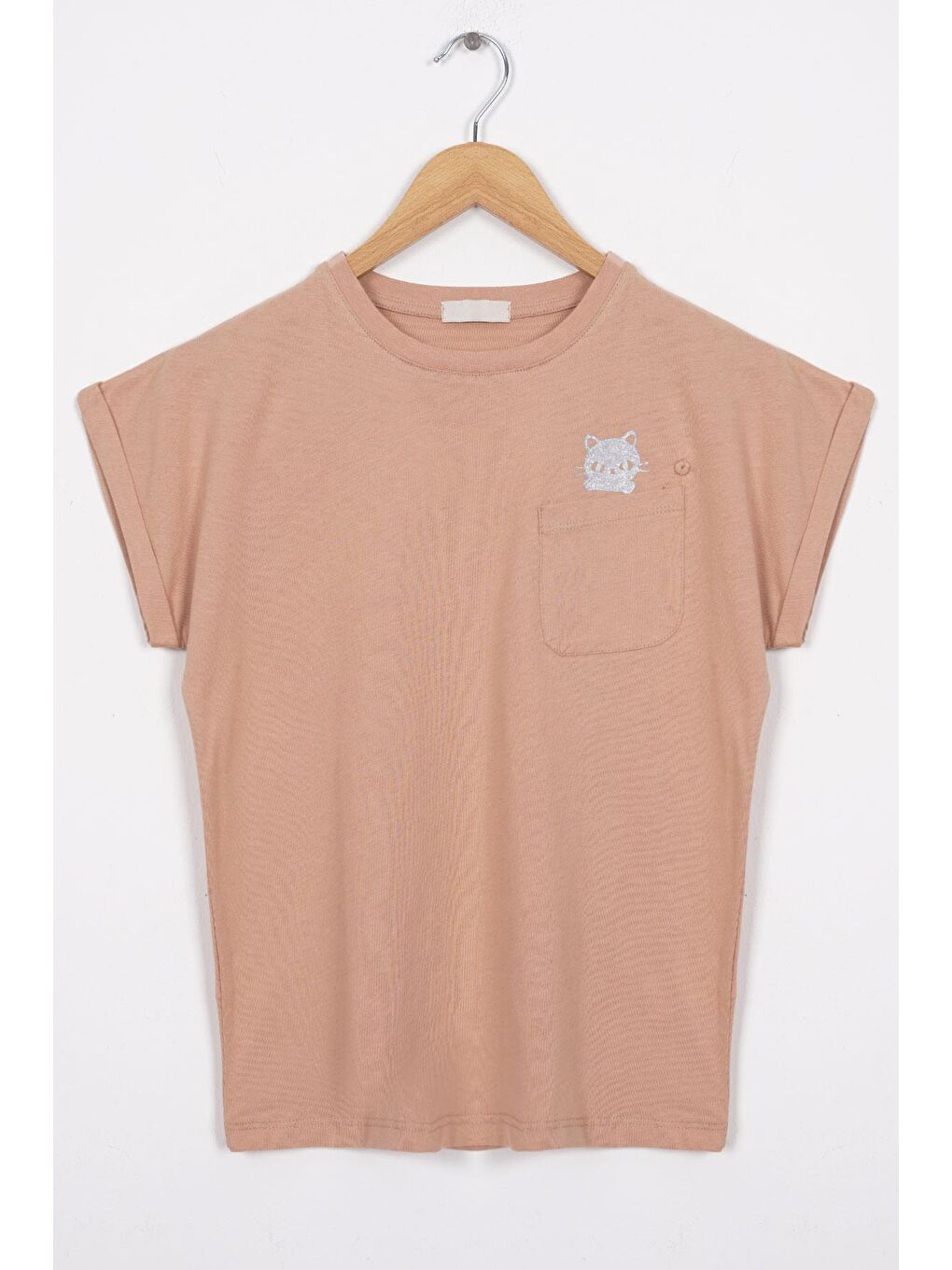 Bisiklet Yaka Kısa Kol Cep Detaylı Simli Kedi Baskılı Bej Renk Kız Çocuk Tshirt