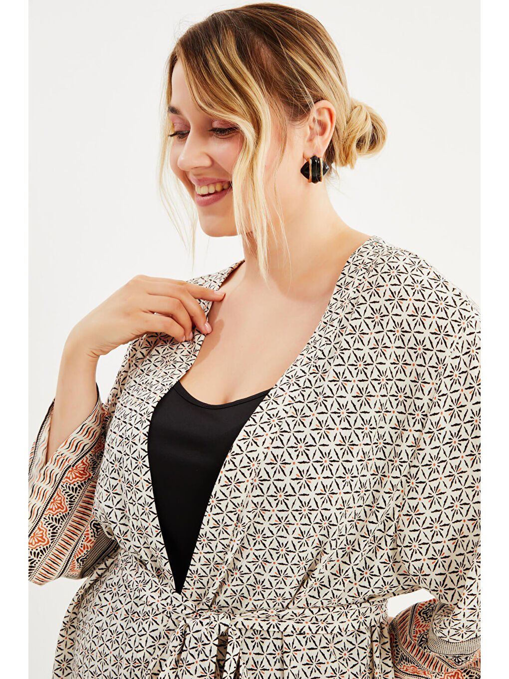 Mylinemoda Ekru Desenli Kemer Detaylı Kimono - 3