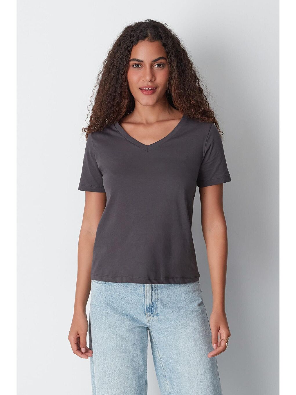 Gri V Yaka Kısa Kol 2'li Basic T-Shirt 962 Füme/Bordo-2