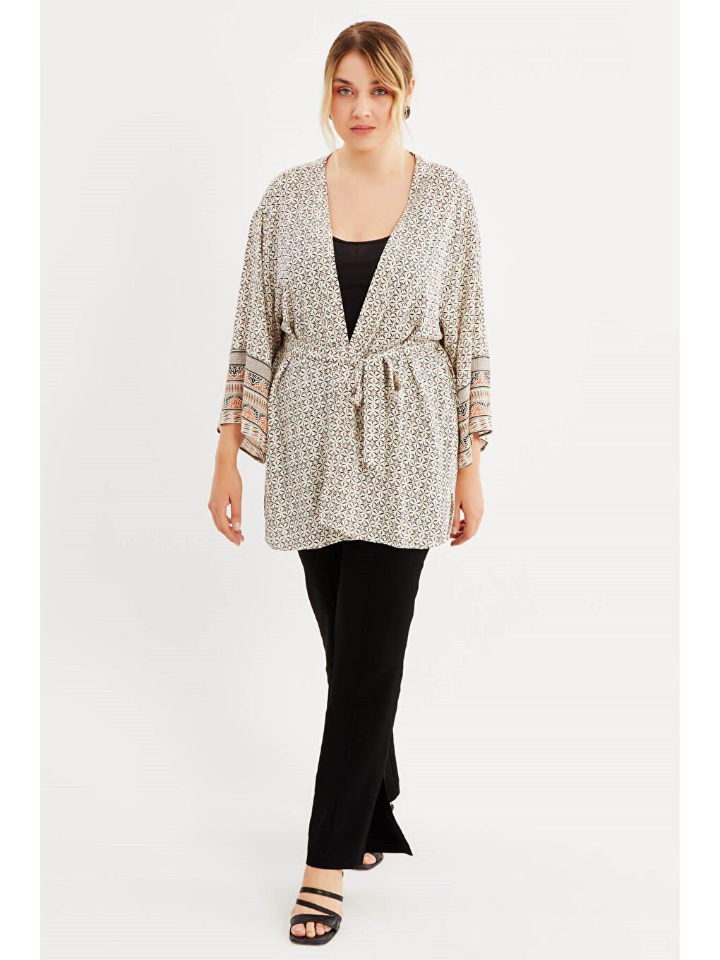 Mylinemoda Ekru Desenli Kemer Detaylı Kimono - 4