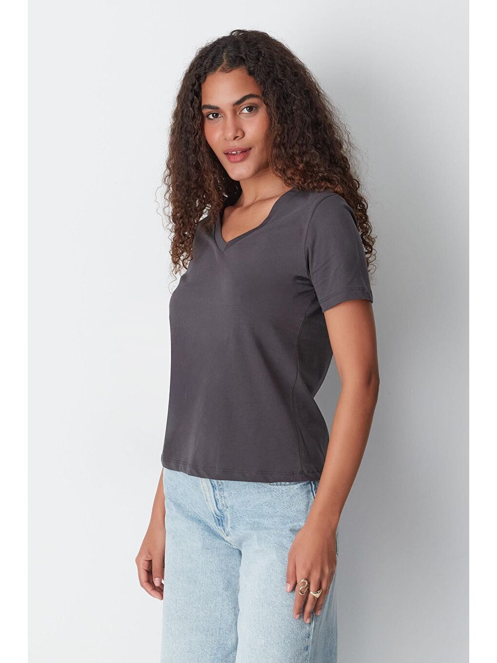 Gri V Yaka Kısa Kol 2'li Basic T-Shirt 962 Füme/Bordo-3