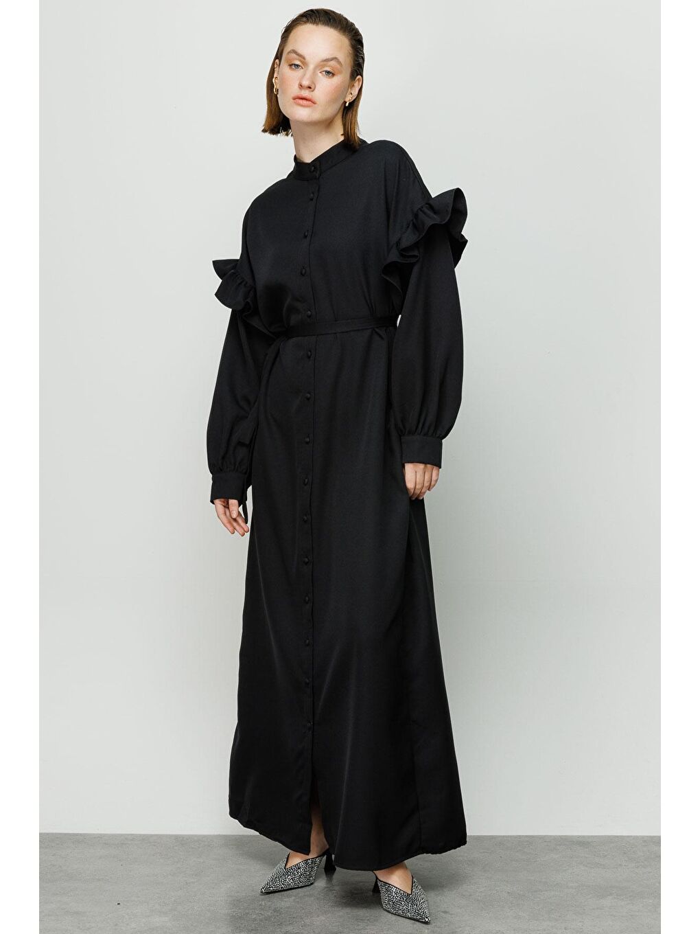 Kolları Fırfırlı Düğmeli Elbise - Siyah-1