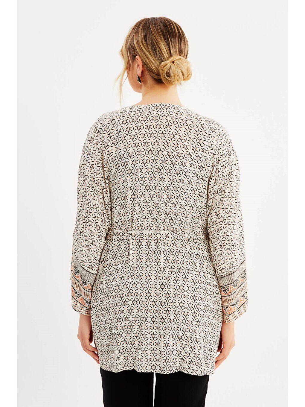 Mylinemoda Ekru Desenli Kemer Detaylı Kimono - 5