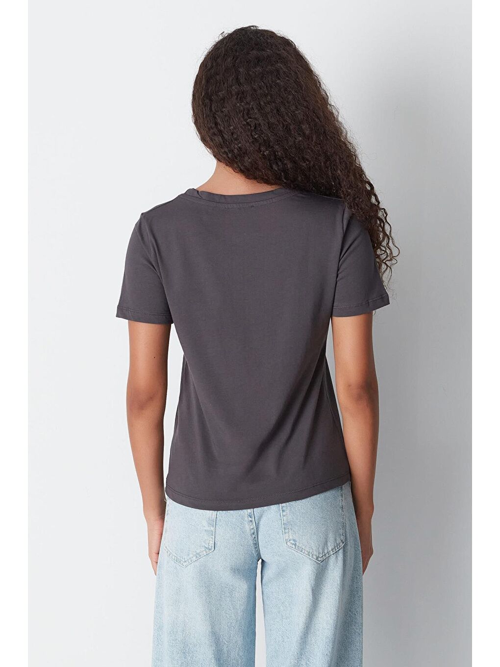 Gri V Yaka Kısa Kol 2'li Basic T-Shirt 962 Füme/Bordo-4