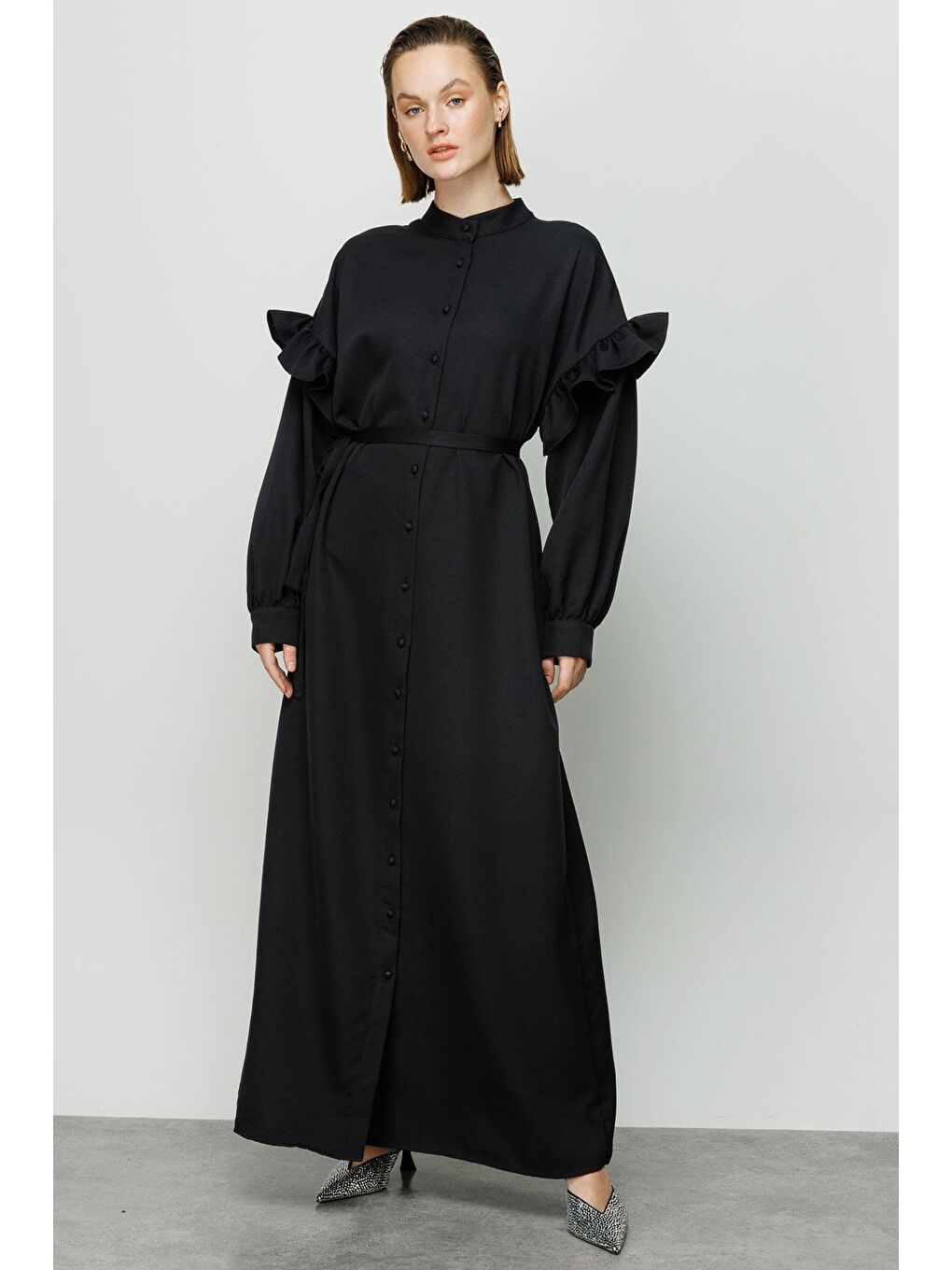 Kolları Fırfırlı Düğmeli Elbise - Siyah-2