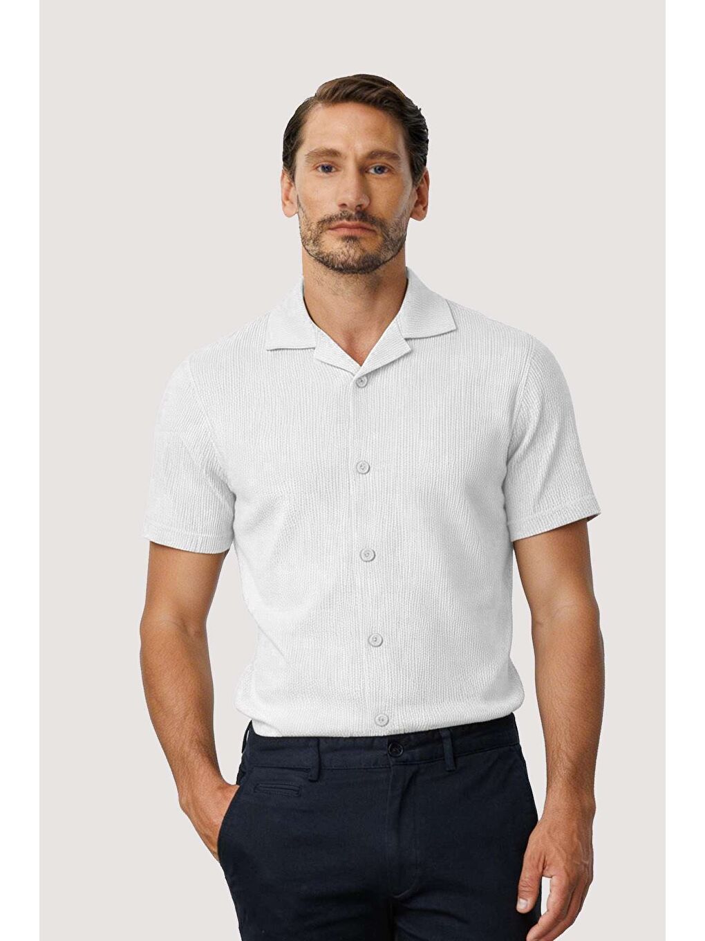 Beyaz Kısa Kollu Erkek Gömlek  Kamp Yaka Modern Yazlık Model