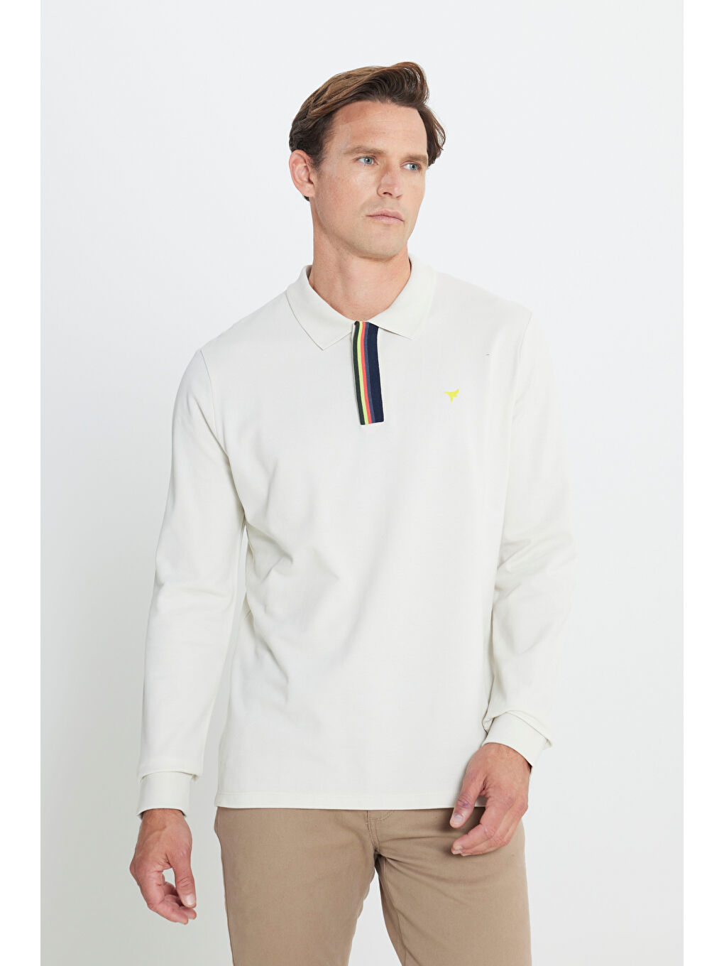 Erkek Bej Slim Fit Dar Kesim Polo Yaka %100 Pamuk Baskılı Tişört