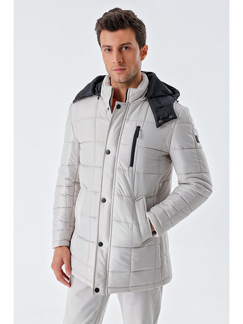 Bej Taş Rengi Kapüşonlu Kapitoneli Astar Comfort Fit Rahat Kesim Klasik Kaban 1008235155