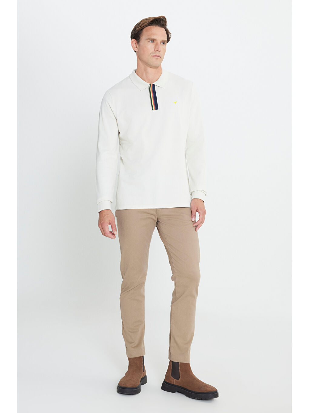 Erkek Bej Slim Fit Dar Kesim Polo Yaka %100 Pamuk Baskılı Tişört-1