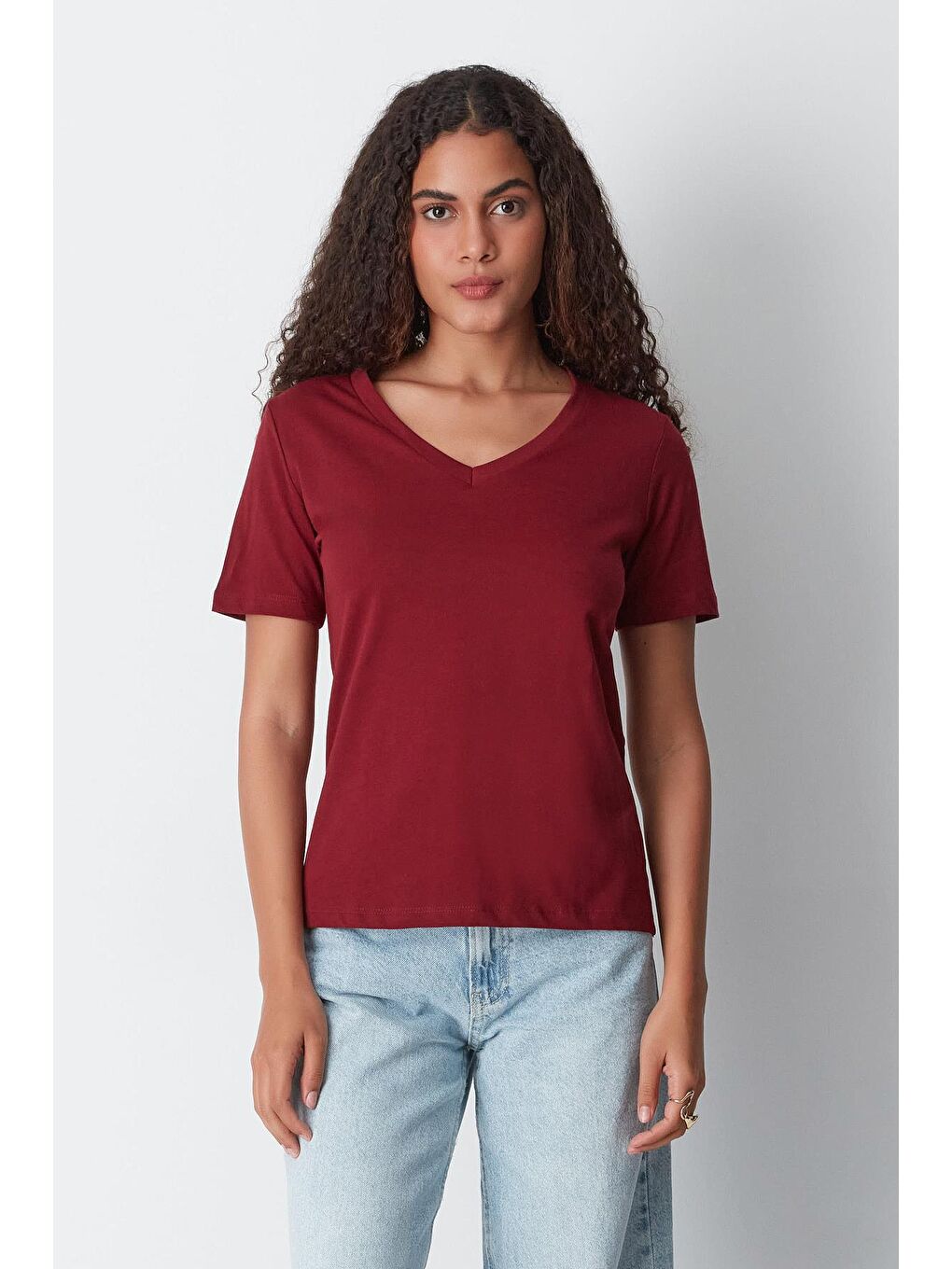 Gri V Yaka Kısa Kol 2'li Basic T-Shirt 962 Füme/Bordo-6