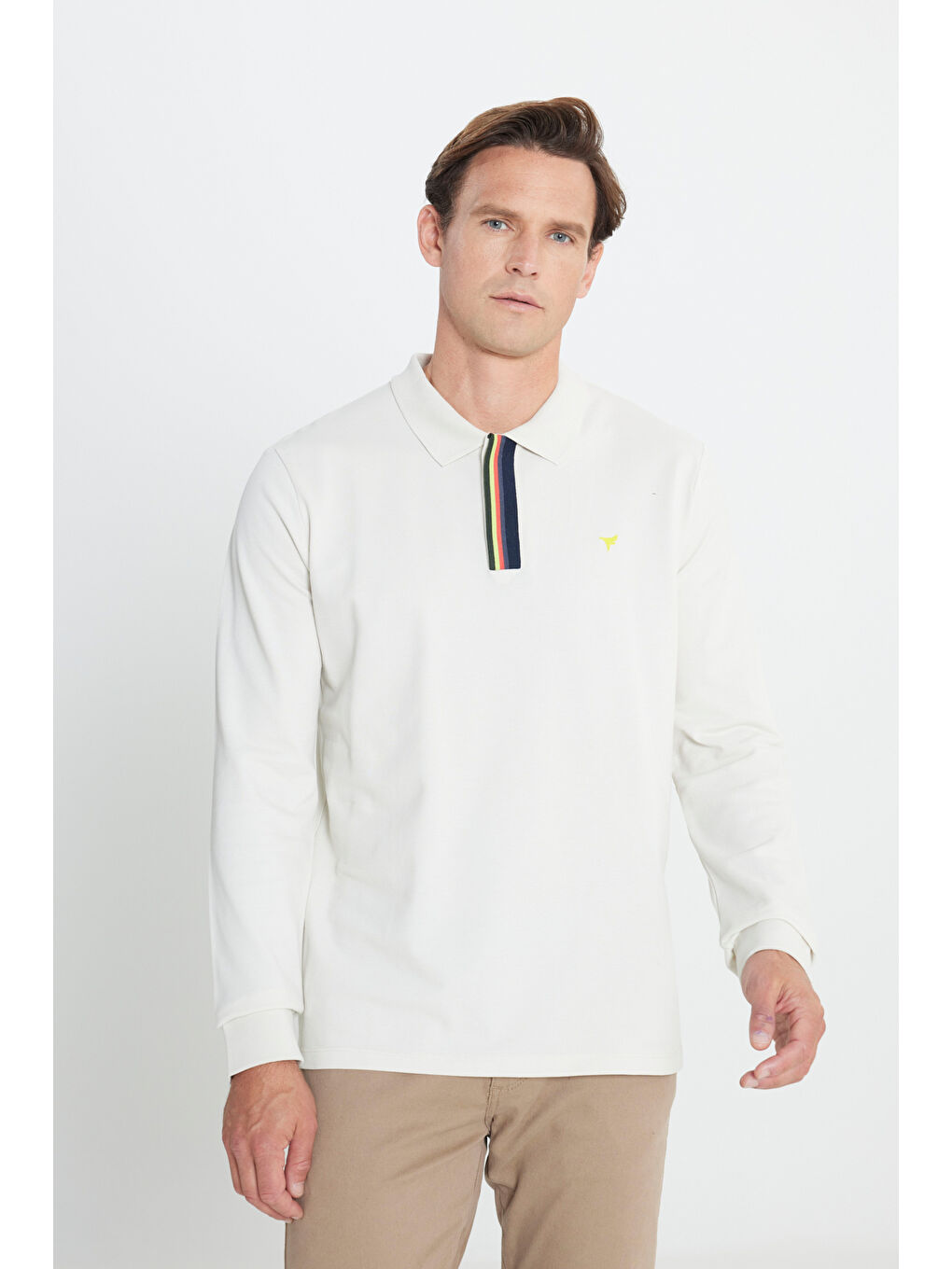 Erkek Bej Slim Fit Dar Kesim Polo Yaka %100 Pamuk Baskılı Tişört-2