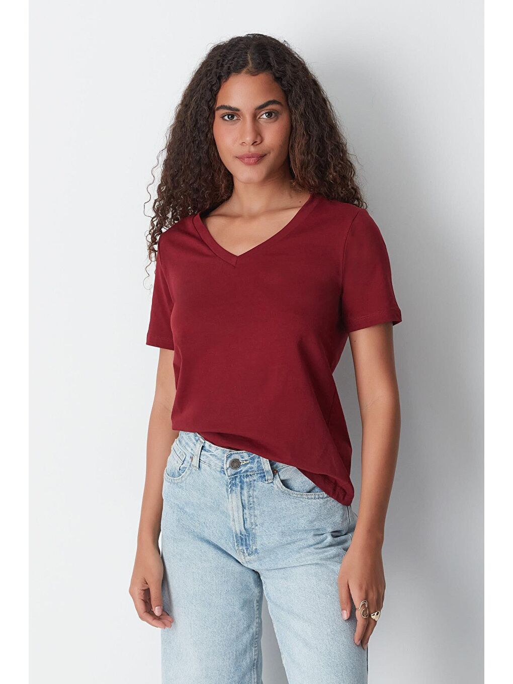 Gri V Yaka Kısa Kol 2'li Basic T-Shirt 962 Füme/Bordo-7