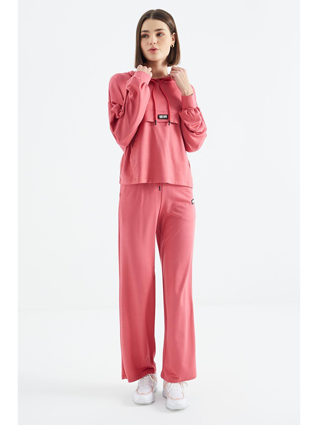 Pembe Yabangülü Kapüşonlu Cep Detaylı Geniş Paça Oversize Eşofman Takım - 02372