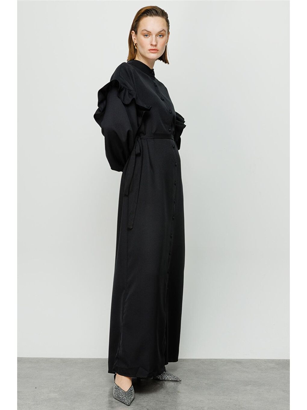 Kolları Fırfırlı Düğmeli Elbise - Siyah-4