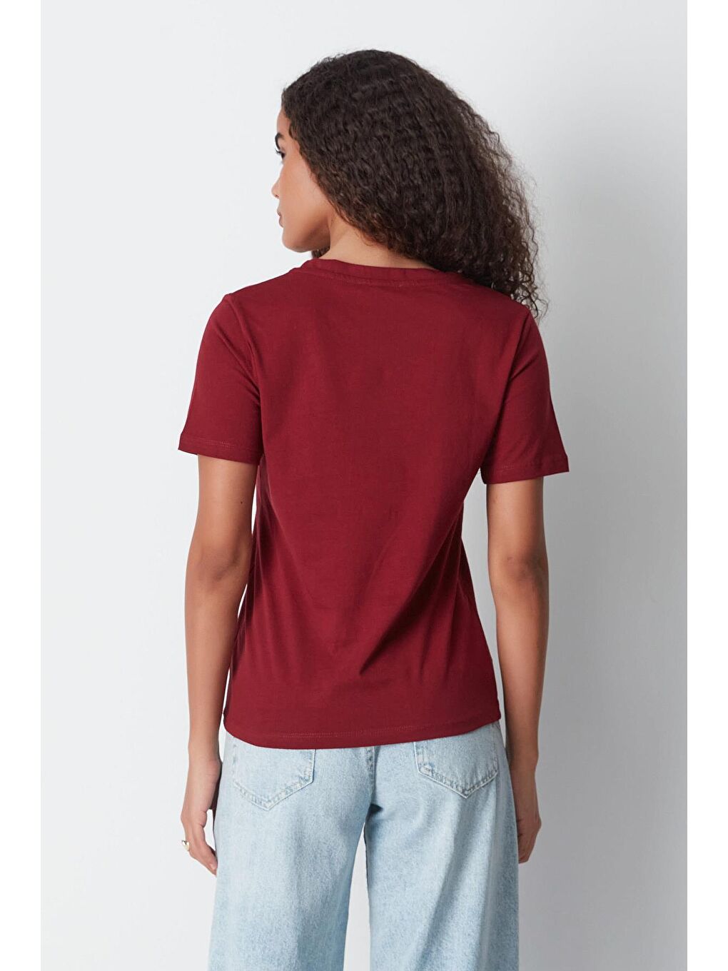 Gri V Yaka Kısa Kol 2'li Basic T-Shirt 962 Füme/Bordo-8