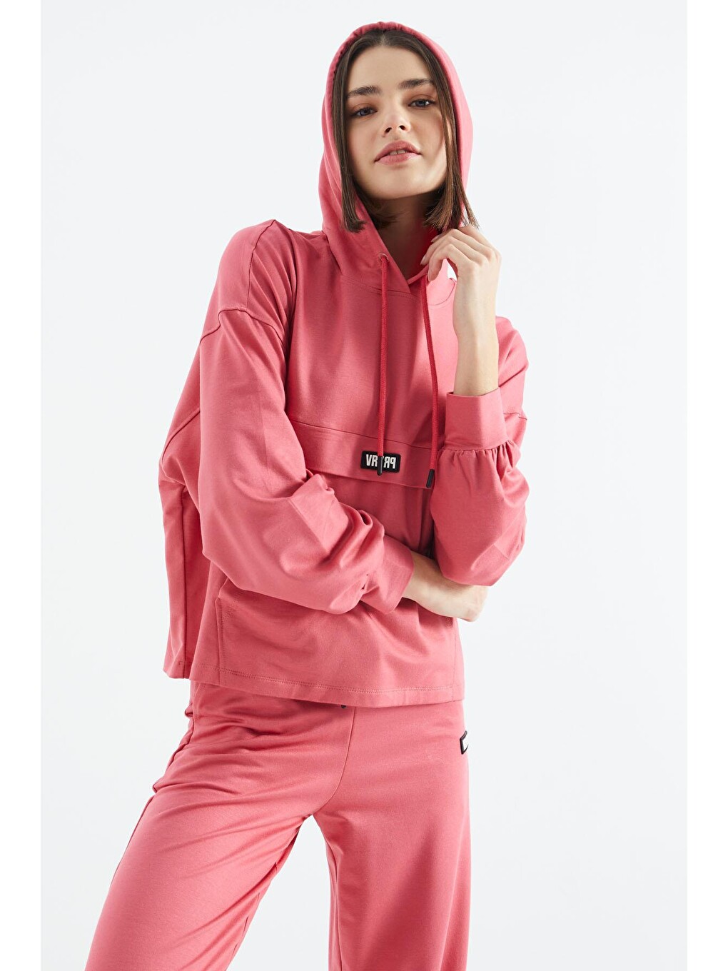 Pembe Yabangülü Kapüşonlu Cep Detaylı Geniş Paça Oversize Eşofman Takım - 02372-2
