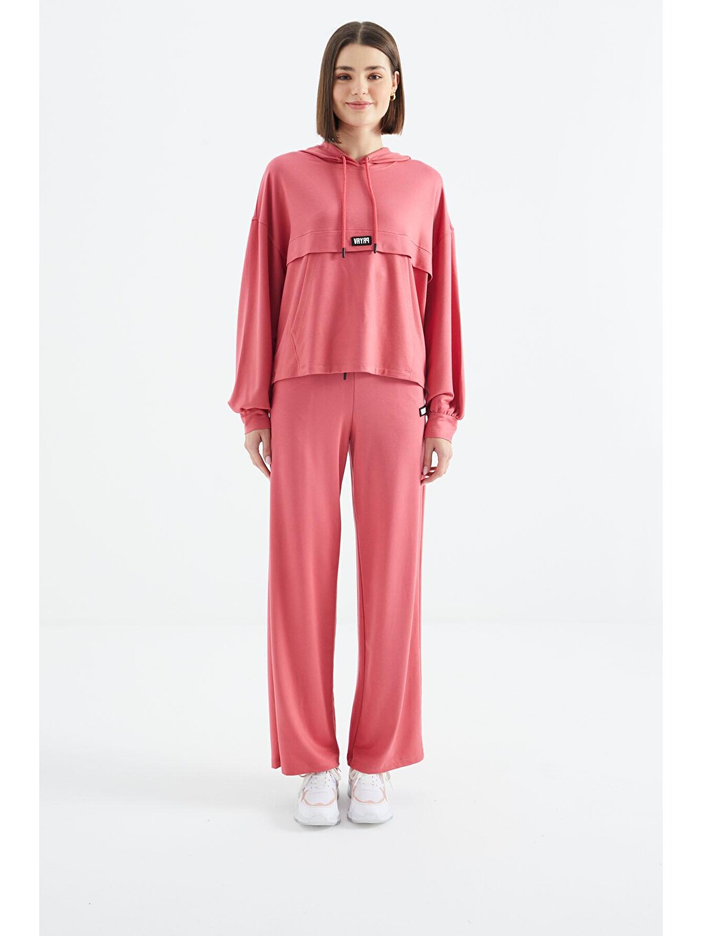 Pembe Yabangülü Kapüşonlu Cep Detaylı Geniş Paça Oversize Eşofman Takım - 02372-3
