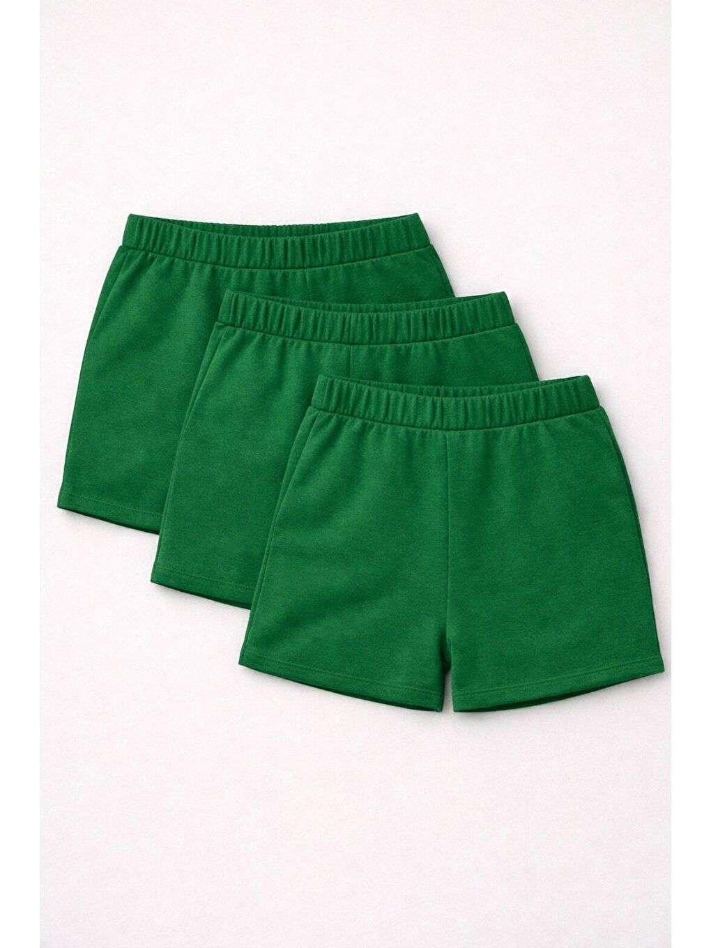 Yeşil 3'lü Paket Set Genç Kız Beli Lastikli Basic Pamuklu Şort