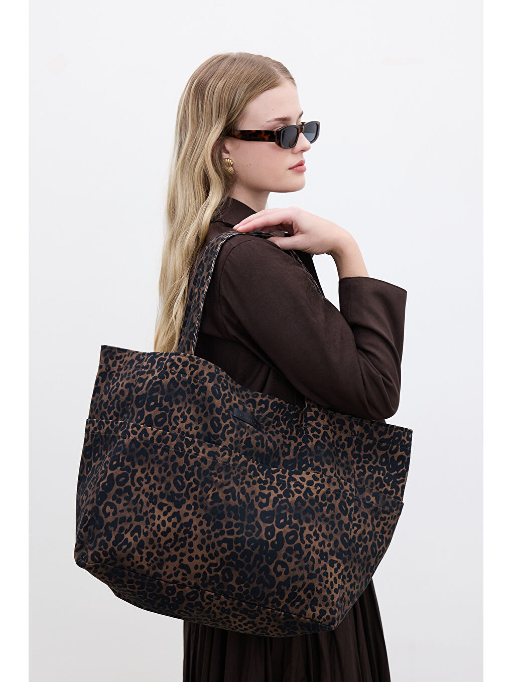 Desenli Kanvas Tote Çanta Kahverengi-1