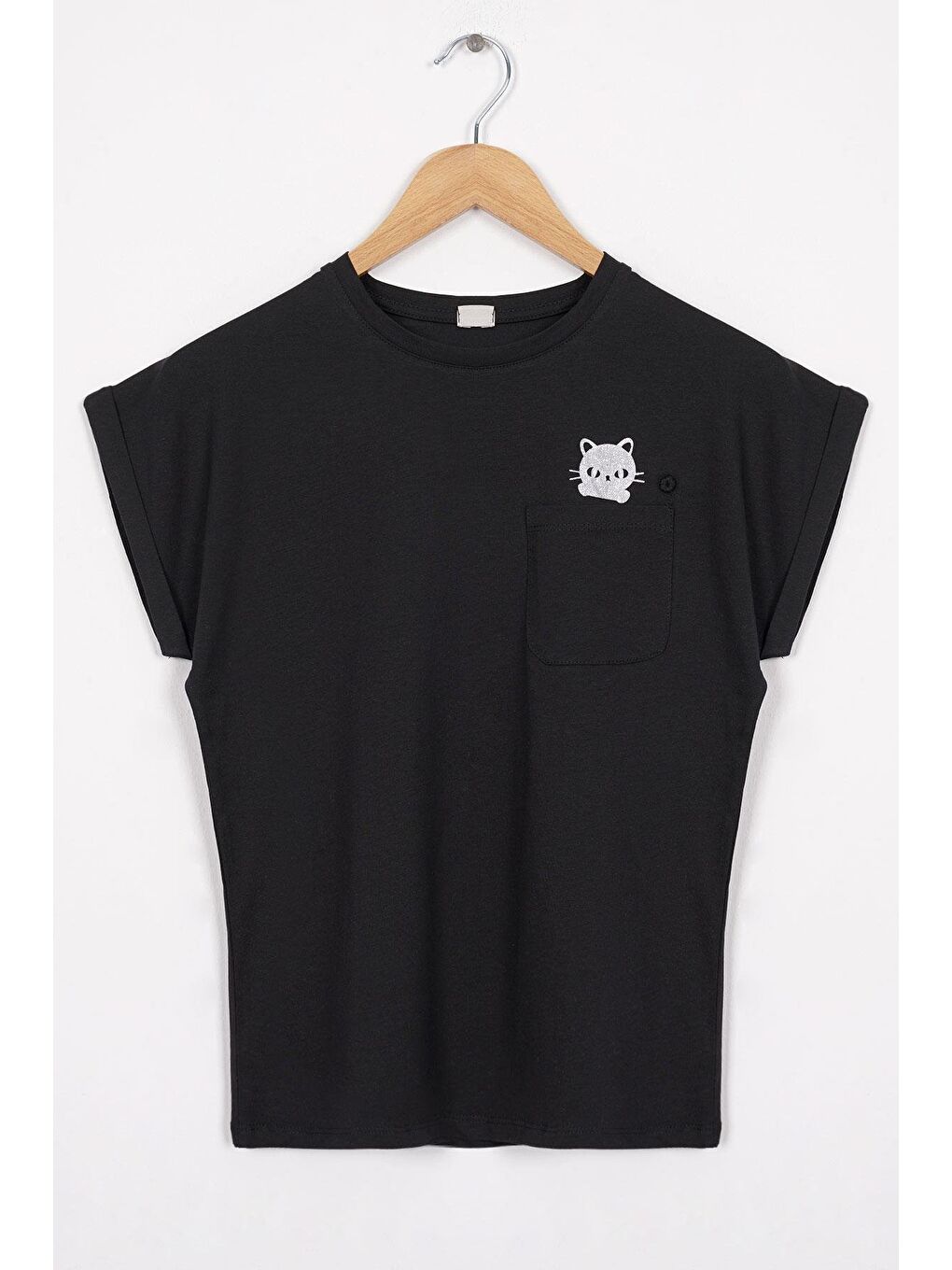 Bisiklet Yaka Kısa Kol Cep Detaylı Simli Kedi Baskılı Siyah Renk Kız Çocuk Tshirt